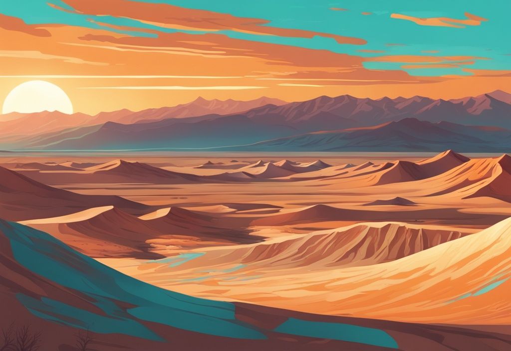 Moderne digitale Malerei, Sonnenuntergang über Death Valley Nationalpark, türkisfarbene Töne, warme orangefarbene Strahlen, Sanddünen und Berge, Panoramaansicht.