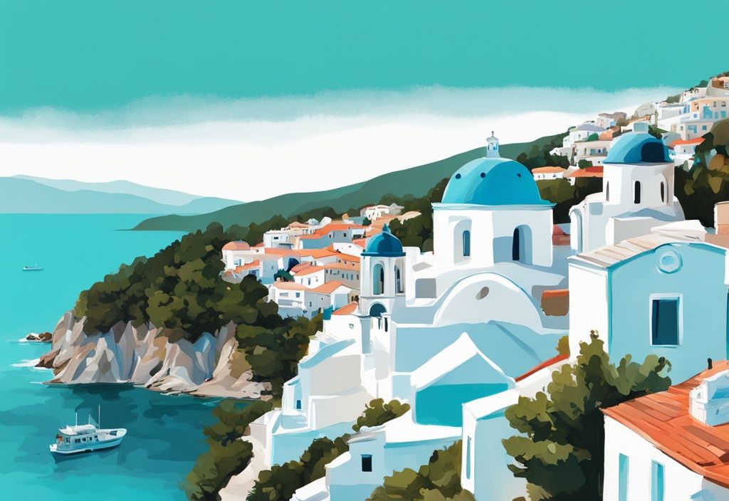 Moderne digitale Malerei von Skopelos Insel in Griechenland, mit weißen Gebäuden, blauen Kuppeln und kristallklarem Ägäischem Meer, bekannt aus dem Film Mamma Mia, in Türkisfarben.