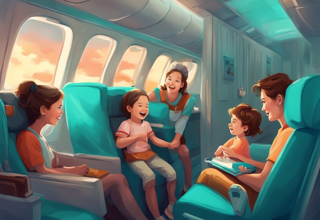 Moderne digitale Malerei mit türkisem Farbschema, Familie genießt Flugzeugreise, Eltern helfen aufgeregten Kindern beim Entdecken der Flugzeugannehmlichkeiten.