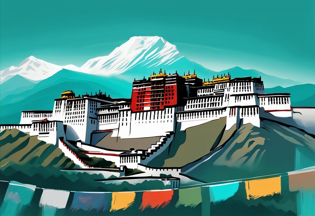 Moderne digitale Illustration des Potala-Palastes in Lhasa mit wehenden Gebetsfahnen und majestätischen Himalaya-Bergen im Hintergrund, Hauptfarbe Türkis - tibet reisen