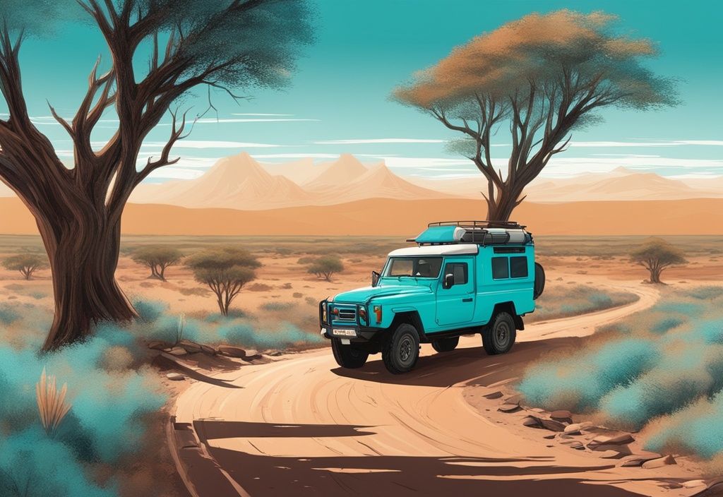 Moderne digitale Illustration eines Namibia Roadtrip: Staubige, kurvige Straße in der Ferne, umgeben von der einzigartigen namibischen Landschaft mit Flora und Fauna, traditionelles 4x4 Safari-Fahrzeug am Straßenrand, Hauptfarbthema Türkis.