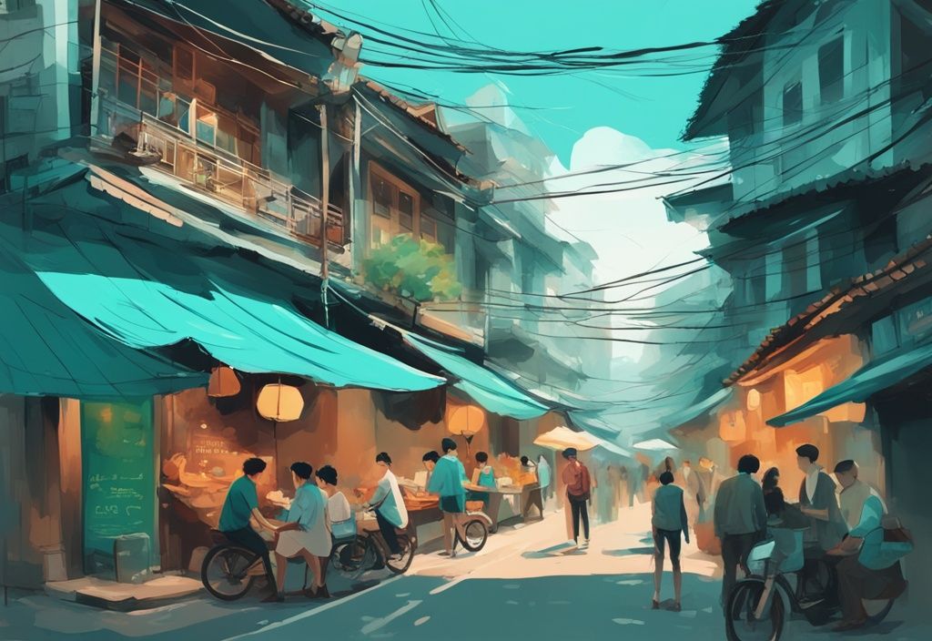 Moderne digitale Illustration einer belebten Straße im Alten Viertel von Hanoi, mit Einheimischen beim Street Food und einem Reisenden mit Karte, hanoi geheimtipps