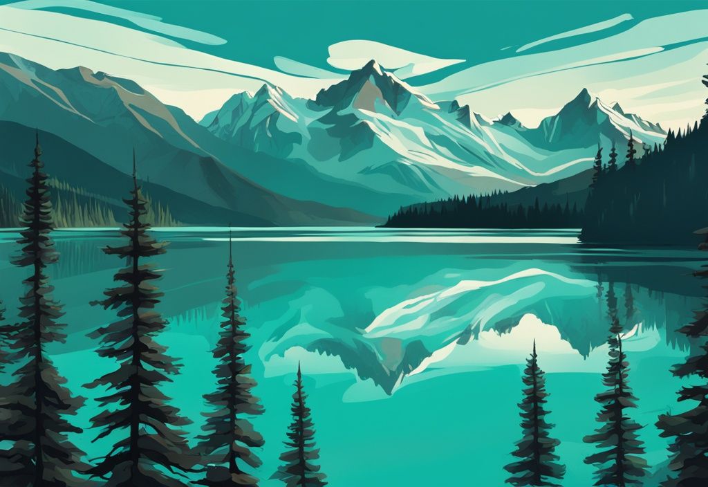 Moderne digitale Malerei der Rocky Mountains in British Columbia mit türkisfarbenem Farbschema, einem ruhigen See im Vordergrund und üppigen Wäldern im Hintergrund.