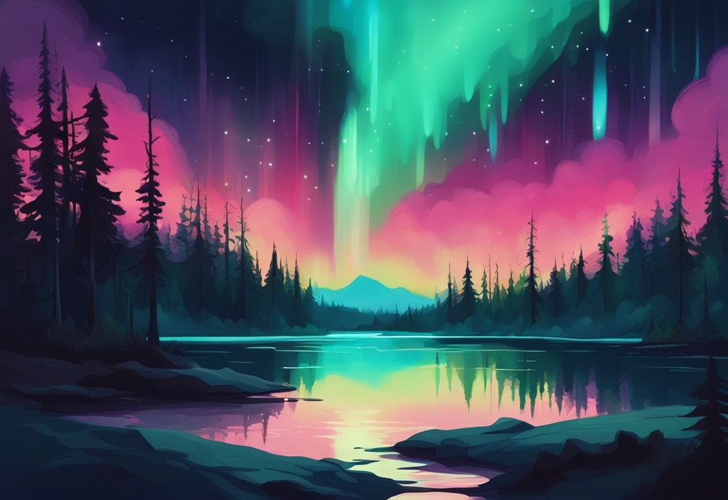 Moderne digitale Malerei mit türkisfarbenem Thema, lebendige Aurora Borealis über einem ruhigen See und dichtem Wald.