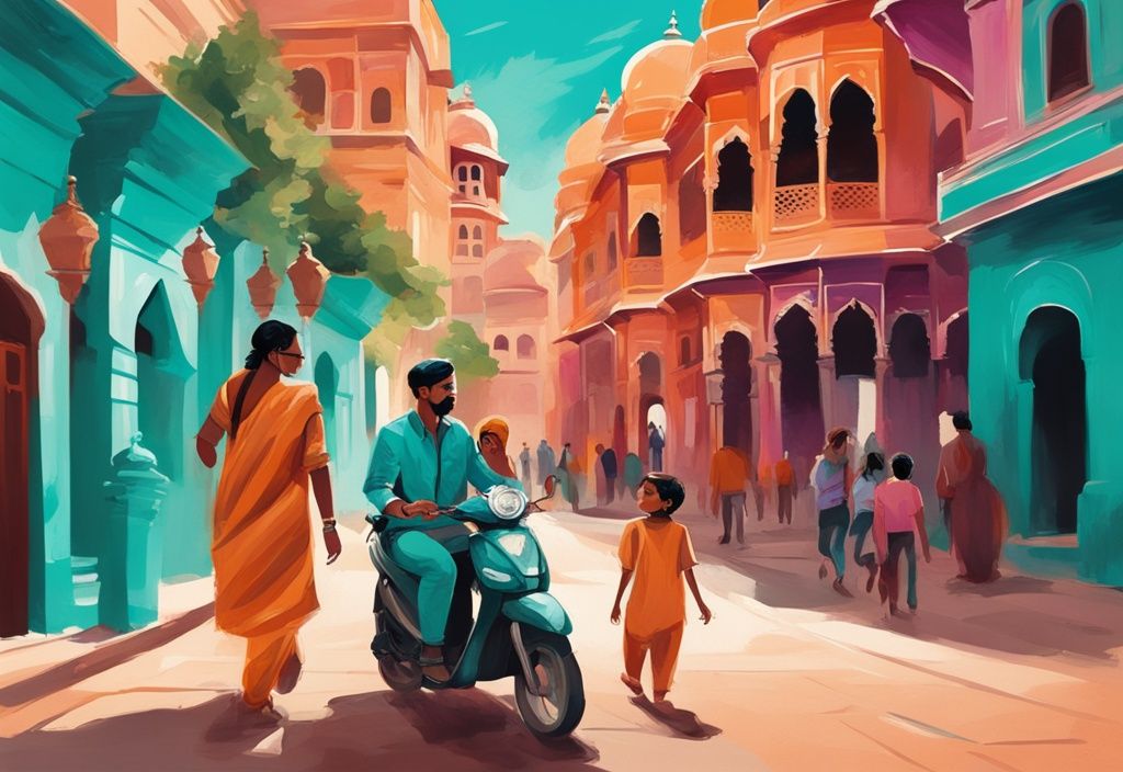 Moderne digitale Malerei, Familie erkundet die bunten Straßen von Jaipur mit Hawa Mahal im Hintergrund, Hauptfarbe Türkis.