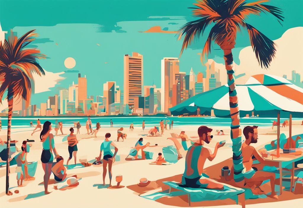 Moderne digitale Malerei eines lebhaften Strandes in Türkis mit sonnenbadenden Menschen, Beachvolleyballspielern, Tel Aviv Skyline und einer Familie beim Picknick unter einer Palme.