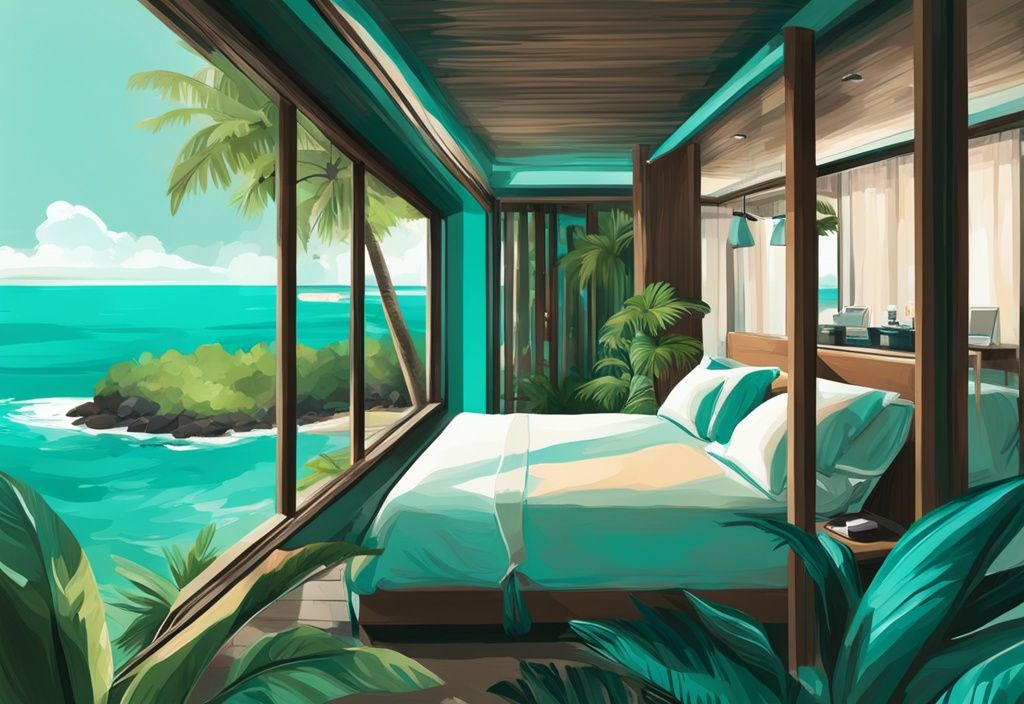 Luxuriöses Hotel in Costa Rica, umgeben von üppigem Grün mit Blick auf den Ozean, digitale Illustration in Türkistönen.