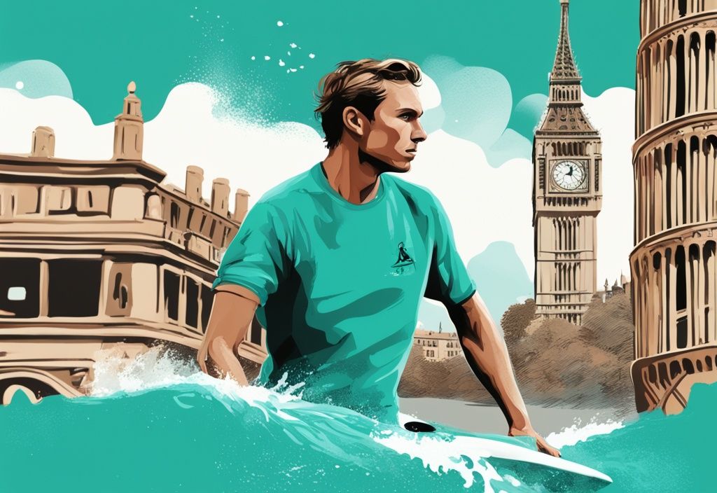 Moderner digitaler Surfkunst mit einem Surfer, der eine Welle reitet, und ikonischen europäischen Wahrzeichen wie dem Eiffelturm, Kolosseum und Big Ben im Hintergrund, surfen europa.