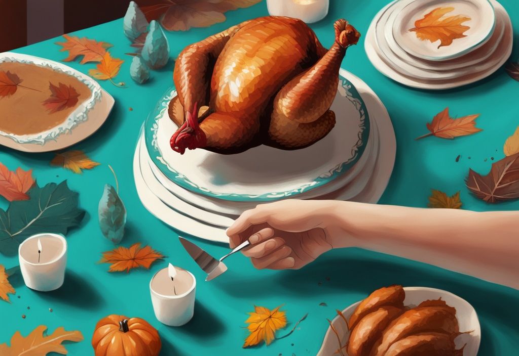 Nahaufnahme einer Hand, die einen gefalteten Geldschein unter eine kleine, dekorierte Thanksgiving-Truthahnfigur legt, moderne digitale Malerei, Hauptfarbe Türkis