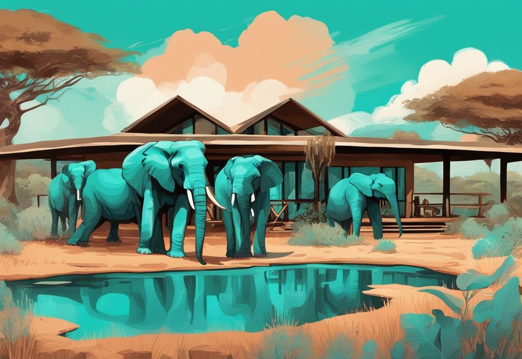 Moderne digitale Malerei einer luxuriösen Safari-Lodge in Südafrika, umgeben von einheimischer Flora und einer Gruppe Elefanten im Hintergrund, Hauptfarbton Türkis