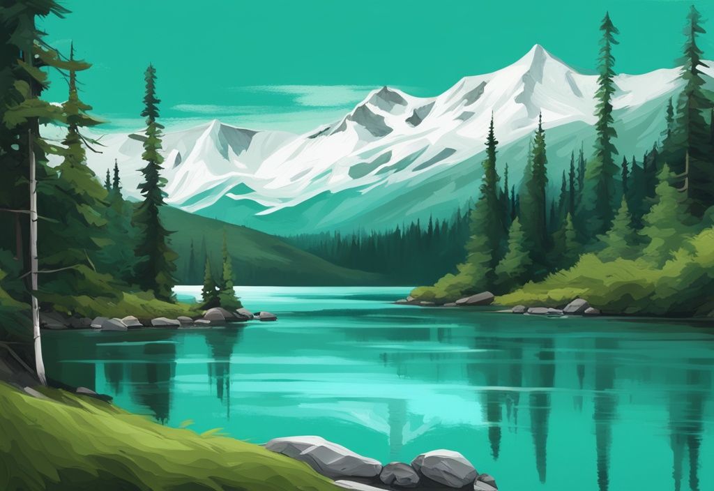 Moderne digitale Malerei von British Columbia, Kanada: Türkisfarbene Illustration mit üppigen Wäldern, schneebedeckten Rocky Mountains und einem ruhigen See im Vordergrund.