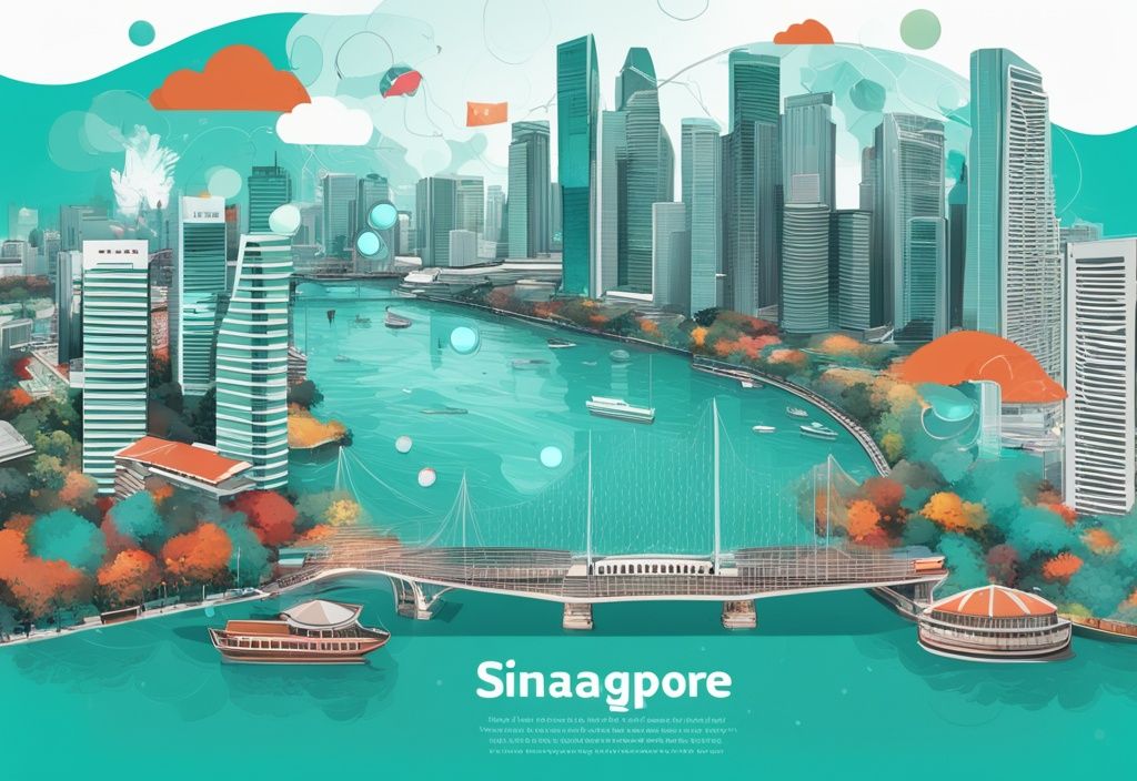 Moderne digitale Malerei von Singapur mit türkisfarbenem Thema, zeigt Stadtbild mit Infografikblasen für Singapur Tipps zu Sehenswürdigkeiten und lokalen Ratschlägen.