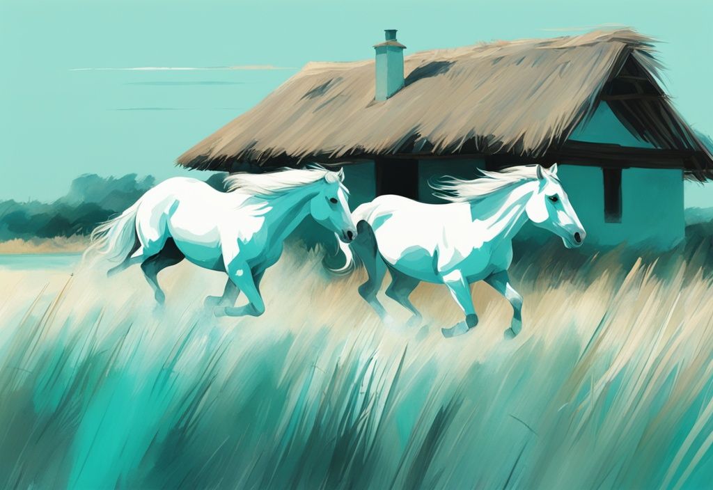 Digitale Malerei von wilden weißen Pferden, die durch die Marschlandschaft der Camargue in Frankreich galoppieren, mit einem traditionellen Strohdach-Bauernhaus im Hintergrund, Hauptfarbe Türkis