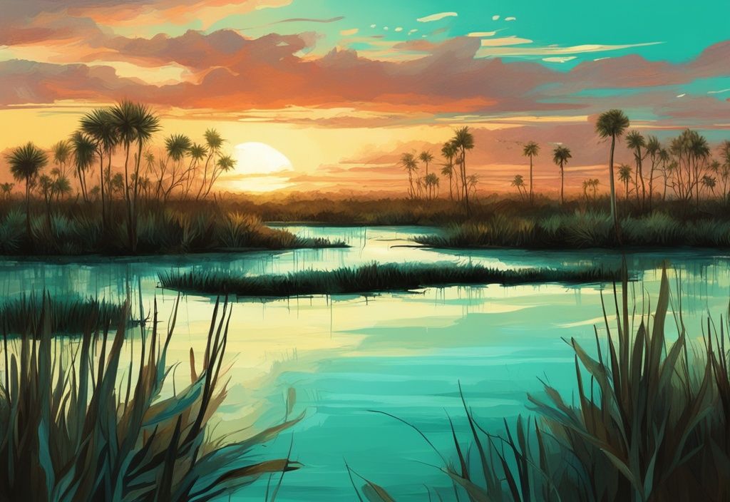 Moderne digitale Malerei-Illustration der Everglades in Florida bei Sonnenuntergang, mit türkisfarbenem Hauptfarbthema, die weiten Feuchtgebiete, vielfältige Tierwelt und einzigartige Mangrovenwälder zeigt.