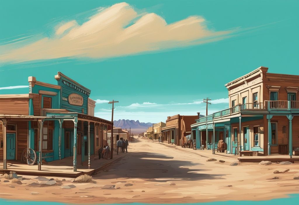 Moderne digitale Malerei von Tombstone, Arizona, mit türkisfarbenem Thema, historischen Holzbauten, staubigen Straßen und Wüstenlandschaft unter klarem blauem Himmel.