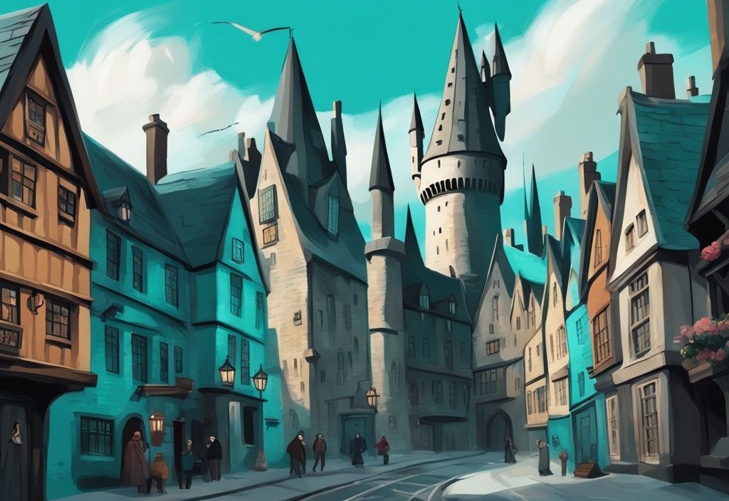 Moderne digitale Malerei mit Hogwarts Schloss, Winkelgasse und Hogsmeade, ikonische Harry Potter Drehorte, in Türkis.