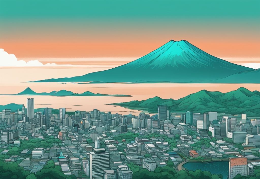 Moderne digitale Malerei, die eine Panoramaansicht der lebendigen Stadtlandschaft von Fukuoka, die üppige Grünfläche des Aso-Kuju-Nationalparks und den ikonischen Sakurajima-Vulkan zeigt, und die vielfältigen Landschaften von Kyushu repräsentiert.