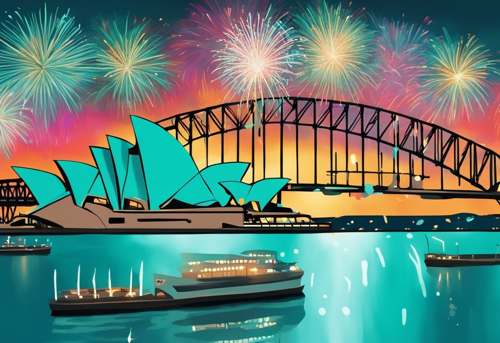 Moderne digitale Malerei mit türkisfarbenem Thema, Feuerwerk über Sydney Opera House und Harbour Bridge, jubelnde Menschenmengen am Wasser.