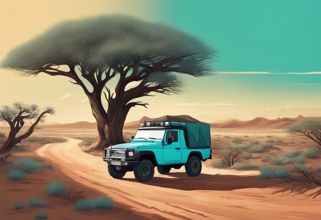 Moderne digitale Malerei einer staubigen, kurvigen Straße in Namibia, umgeben von einzigartiger Flora und Fauna, mit einem traditionellen 4x4-Safari-Fahrzeug am Straßenrand; ideal für Namibia Roadtrip.