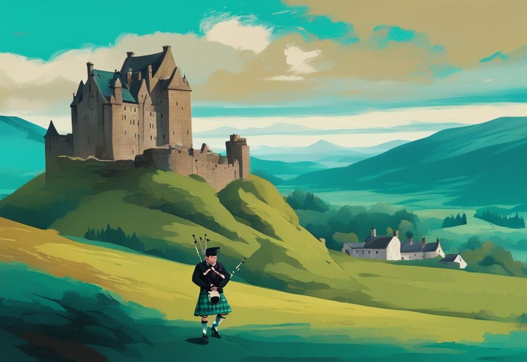 Moderne digitale Malerei der schottischen Highlands mit einem Dudelsackspieler im Kilt vor einer historischen Burg und hügeliger Landschaft in Türkis.