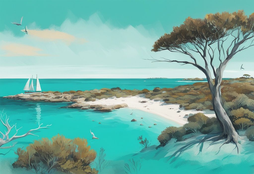 Moderne digitale Malerei von Rottnest Island mit türkisfarbenem Wasser, unberührten Stränden und Quokkas in ihrer natürlichen Umgebung.