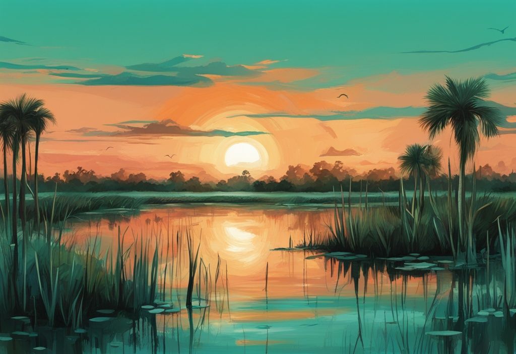 Moderne digitale Malerei der Everglades Florida in Türkis, zeigt weitläufige Feuchtgebiete, vielfältige Tierwelt und einzigartige Mangrovenwälder bei Sonnenuntergang.