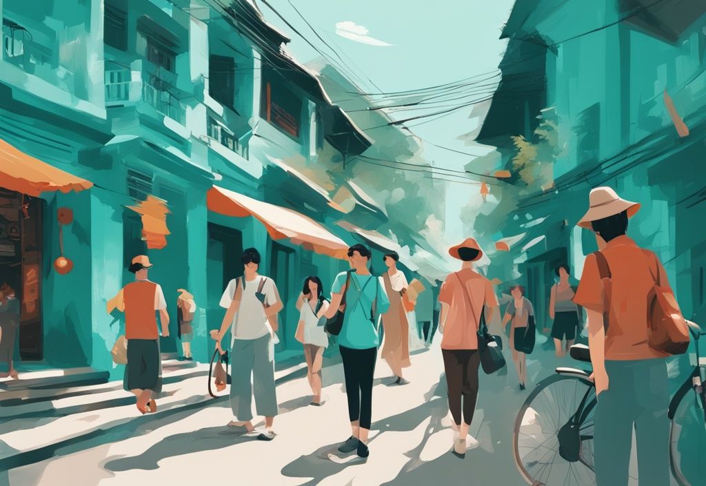 Moderner digitaler Gemäldeillustration mit türkisfarbenem Hauptthema, zeigt einen lokalen Führer, der eine Gruppe begeisterter Touristen durch versteckte Juwelen in den belebten Straßen von Hanoi führt.