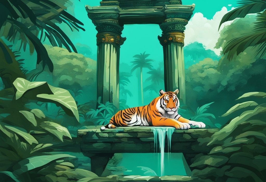 Digitales Gemälde eines majestätischen Tigers in einem thailändischen Dschungel mit antiken Tempelruinen im Hintergrund, Hauptfarbton Türkis.