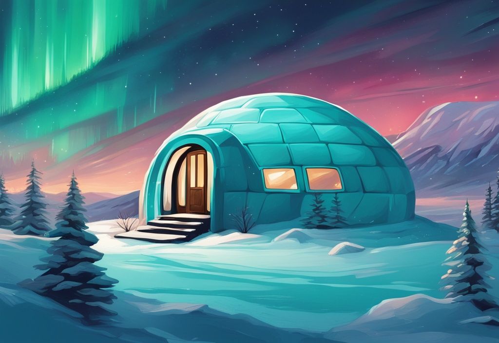 Moderne digitale Malerei eines luxuriösen Iglu-Hotels in einer verschneiten Landschaft unter den Nordlichtern, mit türkisfarbenem Hauptfarbthema.