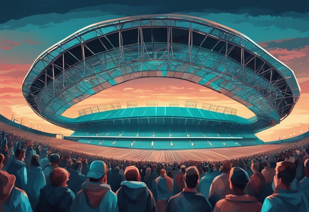 Modernes digitales Gemälde eines architektonisch atemberaubenden, beleuchteten Stadions bei Dämmerung, gefüllt mit Tausenden von Zuschauern – schönstes Stadion der Welt.