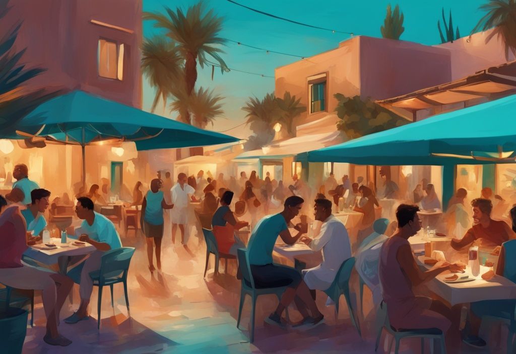 Abendstimmung in einem belebten Restaurant in El Gouna, Menschen genießen verschiedene Mahlzeiten, el gouna dine around, modernes digitales Gemälde, Hauptfarbe Türkis.