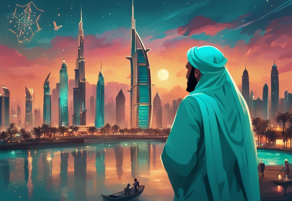 Moderne digitale Malerei mit der Skyline von Dubai, beleuchtet bei Sonnenuntergang während des Ramadan 2024, mit Menschen, die ihr Fasten brechen, in türkisfarbenen Tönen.