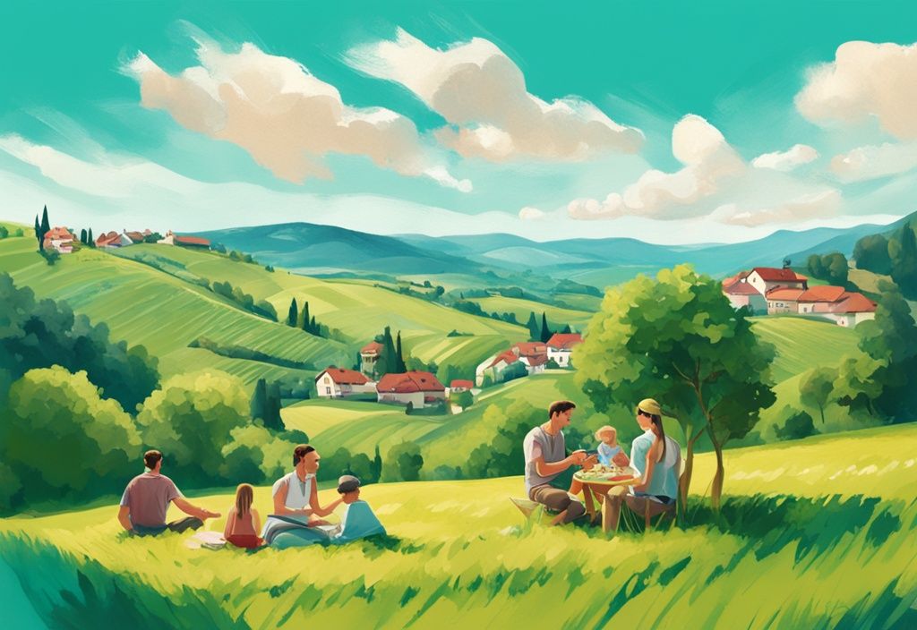 Moderne digitale Malerei mit türkisfarbenem Thema: malerische Aussicht auf grüne Weinberge, sanfte Hügel und ein idyllisches österreichisches Dorf in der Steiermark; Familie genießt Picknick unter blauem Himmel.