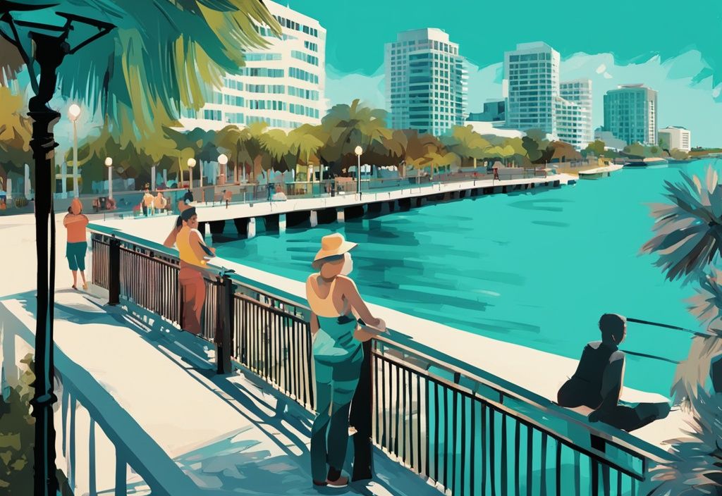 Moderne digitale Malerei des Bradenton Riverwalk mit Menschen im Park und Manatee River im Hintergrund, Hauptfarbe Türkis.