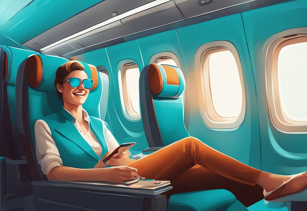 Entspannter Passagier in der KLM Economy Class Kabine während eines Langstreckenflugs, genießt das In-Flight-Entertainment und die Services, klm economy langstrecke erfahrung