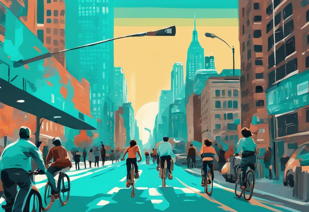 Moderne digitale Malerei von New York Citys Straßen mit Menschen auf Citi Bikes und ikonischen Wolkenkratzern, Hauptfarbe Türkis.