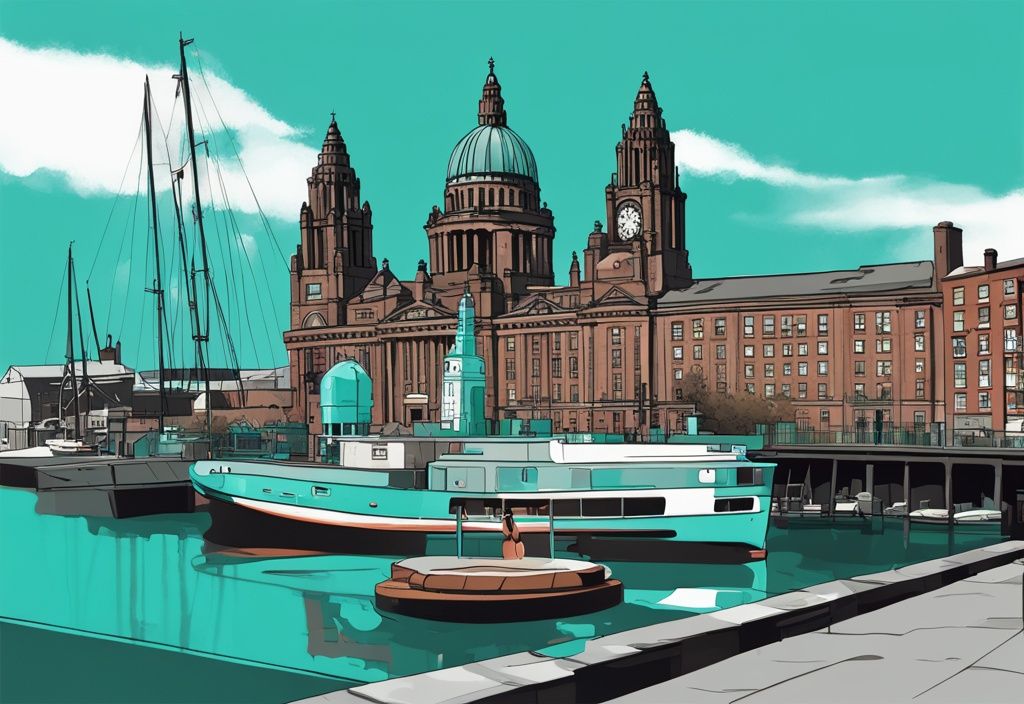 Moderne digitale Malerei von Liverpool mit Royal Albert Dock, Liverpool Cathedral und Beatles Statue in Türkis.