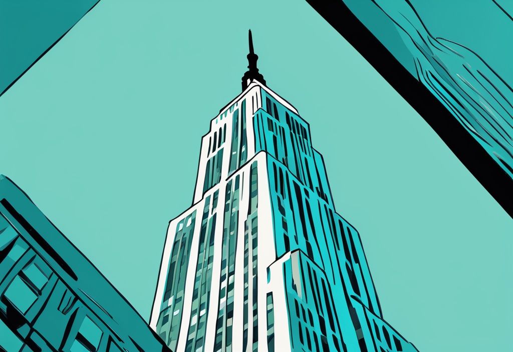 Moderne digitale Malerei des Empire State Building aus Bodenperspektive, Hauptfarbe Türkis, klarer blauer Himmel