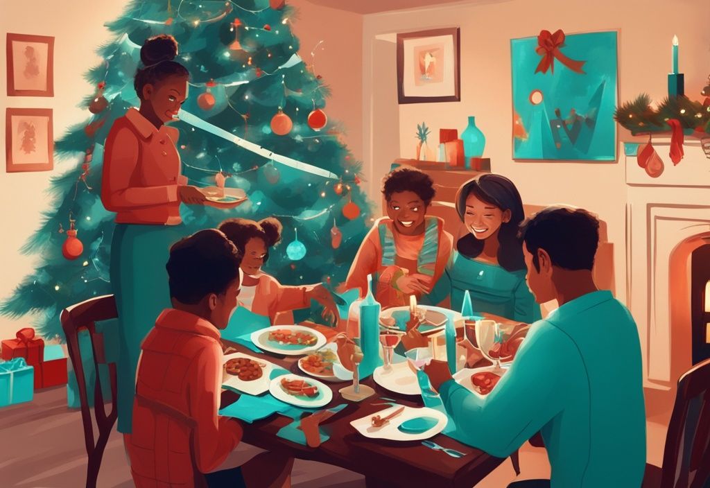 Moderne digitale Malerei, Familie feiert Weihnachten um einen geschmückten Baum, öffnet Geschenke, gedeckter Esstisch im Hintergrund, wie wird weihnachten gefeiert