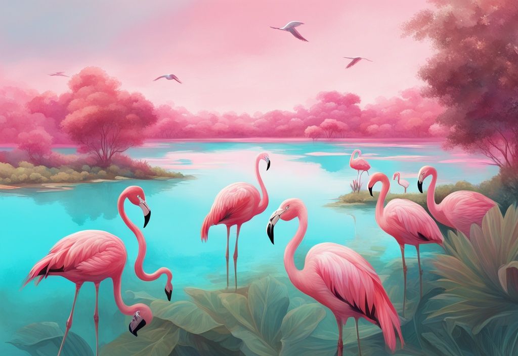 Moderne digitale Malerei, türkisfarbenes Farbschema, surrealer Panorama mit einem rosa See, klarem blauen Himmel, üppigem Grün und verstreuten Flamingos.