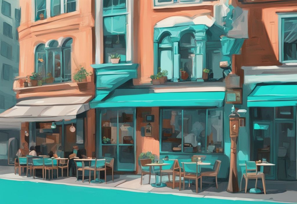 Moderne digitale Illustration in Türkis, die besondere Cafés mit einzigartiger Architektur und Atmosphäre in einer belebten Stadtstraße zeigt.