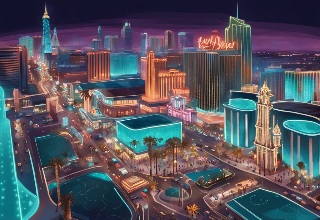 Moderne digitale Malerei der Las Vegas Strip bei Nacht, beleuchtete Casinos, geschäftige Menschenmengen und ein Paar, das aufgeregt eine Karte untersucht, las vegas trip.