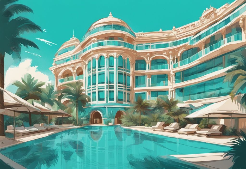 Moderne digitale Malerei eines luxuriösen Hotels mit atemberaubender Architektur, umgeben von üppigen Gärten und einem funkelnden Pool unter klarem blauen Himmel, die schönsten Hotels