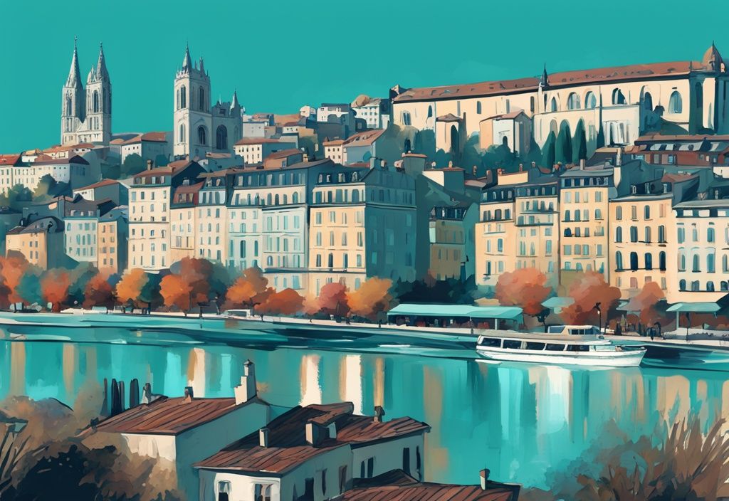 Moderne digitale Malerei von Lyon Urlaub, mit der Basilika Notre-Dame de Fourvière und dem Vieux Lyon, voller Touristen in türkisfarbenem Farbschema.