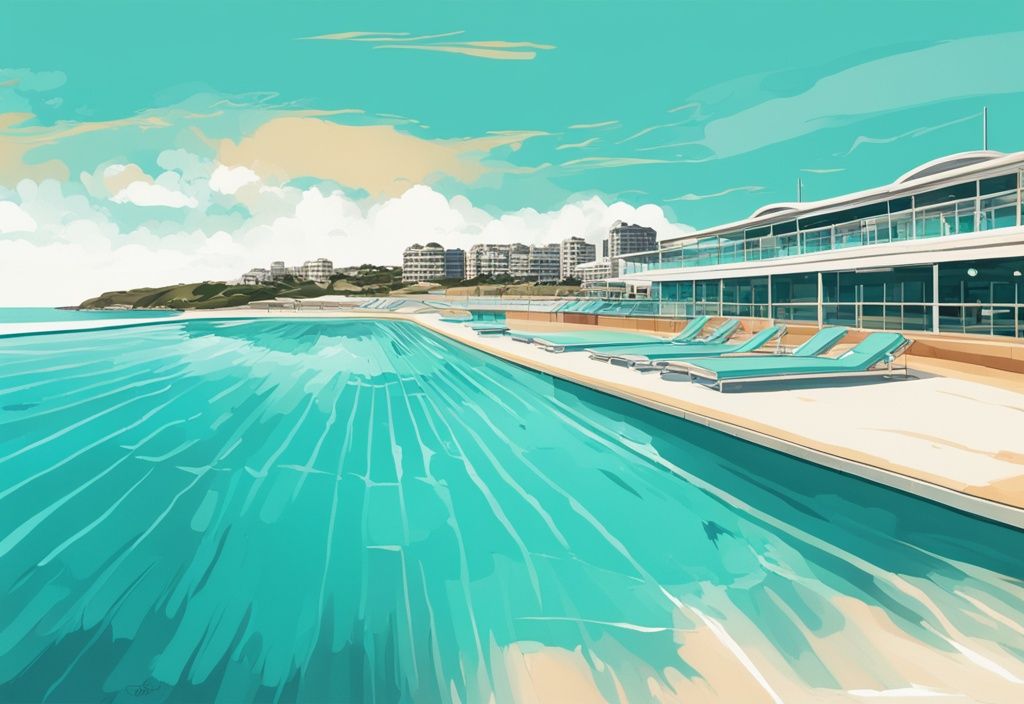 Moderne digitale Malerei von Bondi Beach Pool in Türkis, mit kristallklarem Wasser, Sandstrand und Ozean im Hintergrund.