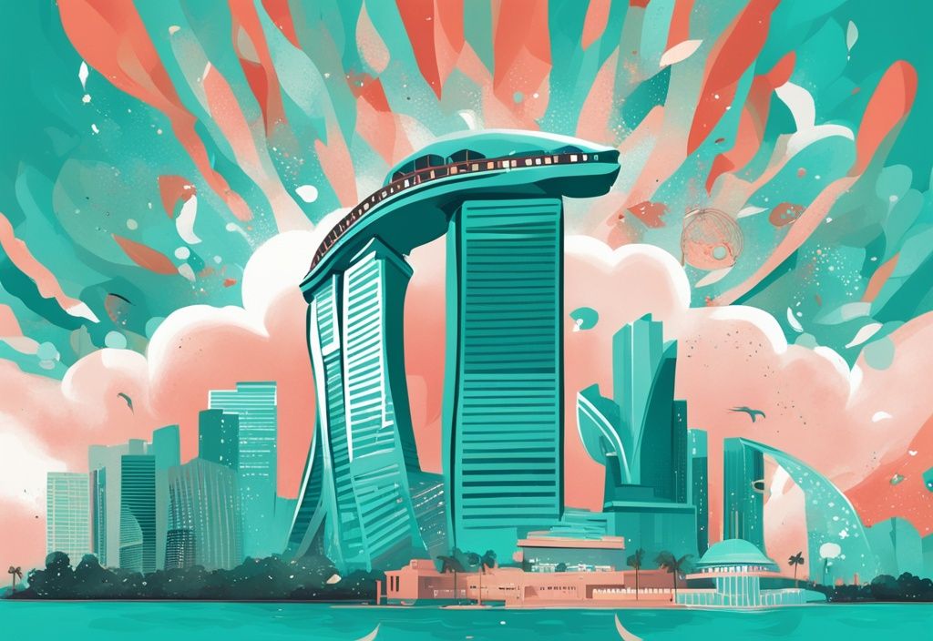 Moderne digitale Malerei mit türkisfarbenem Thema, zeigt einen Kalender mit idealer Aufenthaltsdauer in Singapur, umgeben von berühmten Wahrzeichen wie Marina Bay Sands, Merlion und Gardens by the Bay.