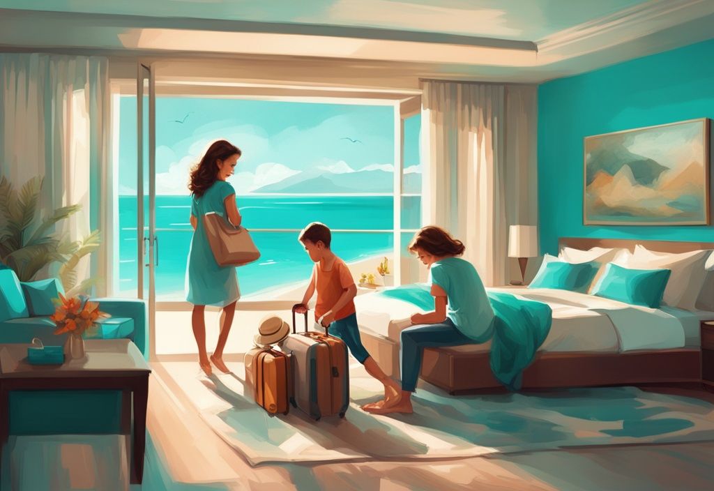 Moderne digitale Malerei mit einer glücklichen Familie, die in einem luxuriösen Resortzimmer ihre Koffer auspackt, mit Blick auf den Strand und den Vorteilen einer Pauschalreise.