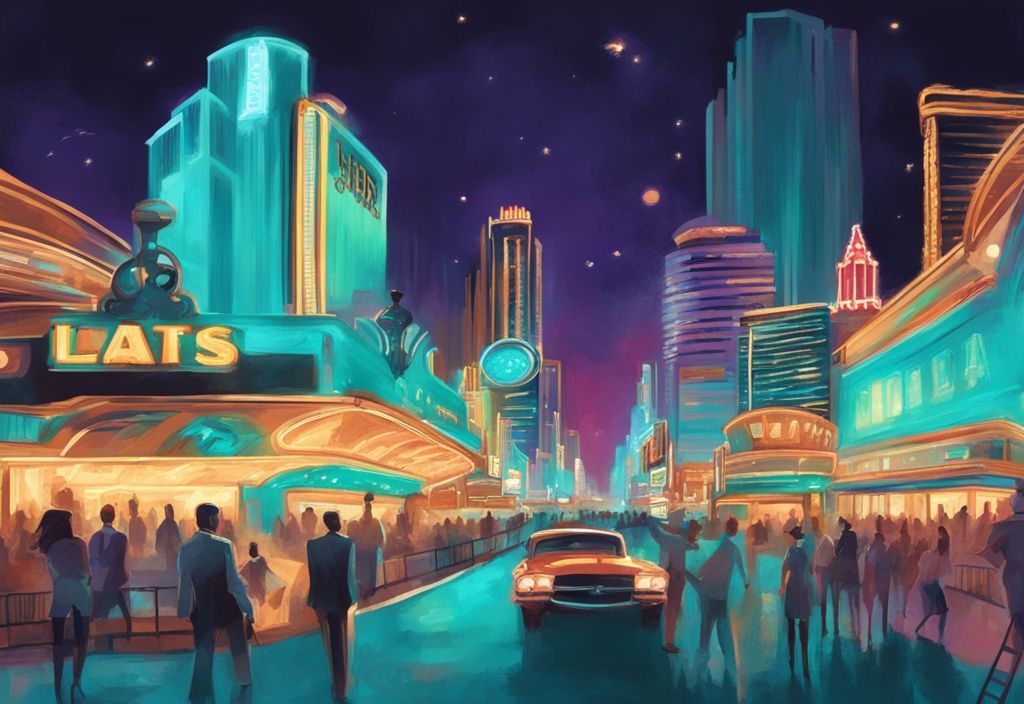 Moderne digitale Malerei der Las Vegas Strip bei Nacht mit beleuchteten Casinos, belebten Menschenmengen und einem Paar, das aufgeregt eine Karte untersucht, ideal für einen Las Vegas Trip.