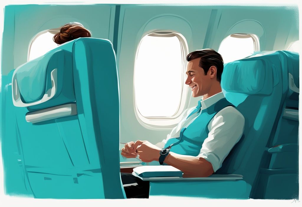 Moderner digitaler Gemälde-Illustration eines entspannten Passagiers in einem bequemen KLM Economy-Sitz, der während eines Langstreckenflugs Bordunterhaltung genießt, Hauptfarbe Türkis.