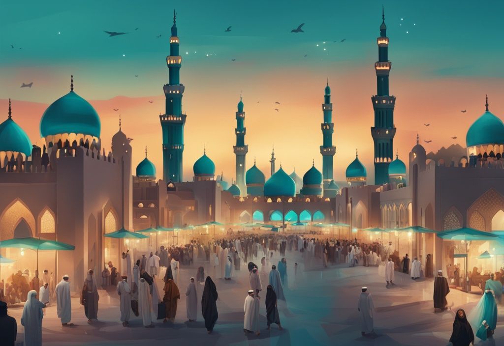 Moderne digitale Malerei von Dubai bei Sonnenuntergang während Ramadan 2024, mit beleuchteten Moscheen, belebten Basaren und Menschen, die sich auf das abendliche Iftar vorbereiten, in Türkis-Tönen.